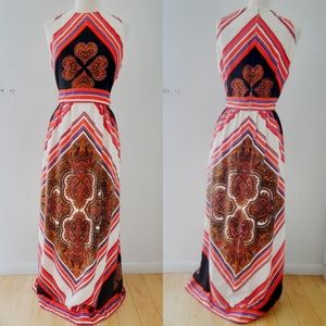 Vintage 70s Psychedelic Paisley Maxi Dress White Orange Black Sz Small